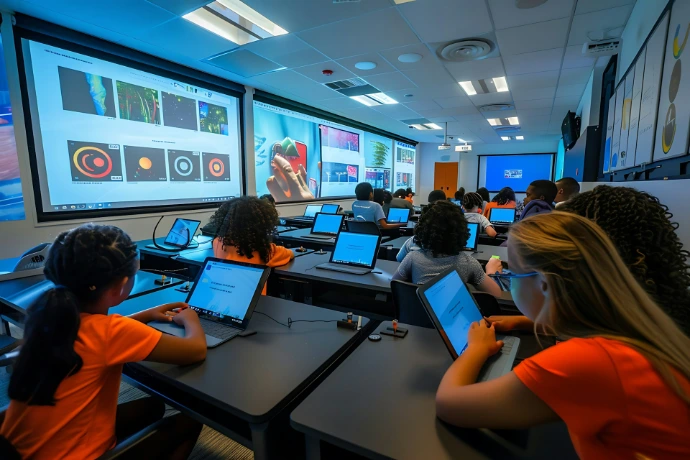 Students using laptops in a classroom with large screens.